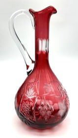 Ruby Cut to Clear Crystal Wine Decanter with Handle