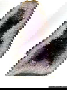Large Amethyst Cathedral Geode: Deep purple natural amethyst crystal cluster with well-defined crystal points, housed in a polished geode with white quartz border and agate rim. Display-ready and ideal as a decorative mineral specim