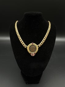18kt Gold Chain with 14kt Ruby and Diamond Coin Pendant