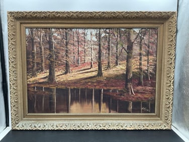 Autumn Forest Landscape with Reflection signed Andel