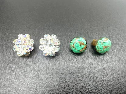 Pair of Vintage Clip-On Earrings – Aurora Borealis Crystal & Faux Turquoise: Two sets of vintage clip-on earrings. The top pair features faceted aurora borealis crystals in a floral cluster design, reflecting multicolor hues. The bottom pair consists of glossy faux turquoise c
