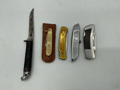 Set of Vintage Hunting and Pocket Knives: Description: A collection of five vintage knives including one fixed-blade hunting knife with a leather-wrapped handle and metal guard, and four folding pocket knives. One of the folding knives featur