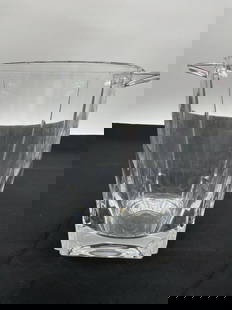 Bombay Crystal Ice Bucket: Description: Bombay hand blown crystal ice bucket featuring a contemporary tapered form with angular side handles. Unmarked but crafted in a sleek, modern style. Crafted in Poland.