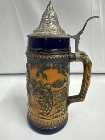 Vintage German Beer Stein with Pewter Lid – Cobalt Blue & Tavern Scene