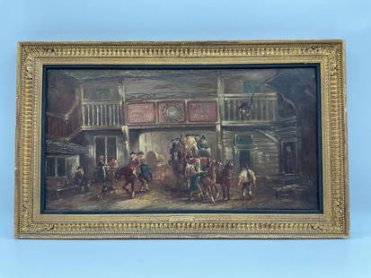 The Catherine Wheel by John Charles Maggs (English, 1819-1896) Oil on Canvas: Description: A richly detailed 19th-century oil painting by J. C. Maggs depicting a busy coaching scene at The Catherine Wheel, an historic English inn. The composition features a stagecoach bustling