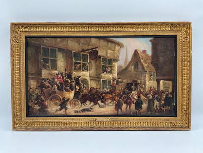 The George Inn by John Charles Maggs (English, 1819-1896) Oil on Canvas: Description:  A vibrant 19th-century oil painting depicting the bustling scene outside The George Inn near London Bridge, with stagecoaches, mounted riders, and onlookers animatedly filling the street