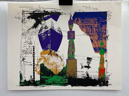 "Paraphrases on the Polyhedron" by Yigal Tumarkin (Israel, 1933-2015) Lithograph: Description: A vibrant lithograph composition featuring architectural columns, abstract geometry, and cryptic handwritten annotations in multiple languages. This print juxtaposes classical motifs with