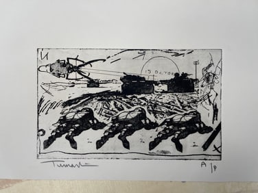 "15 October – Battlefield Composition" by Yigal Tumarkin (Israel, 1933-2015) etching