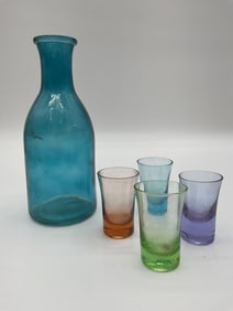 Blue Glass Decanter with Multicolor Shot Glasses