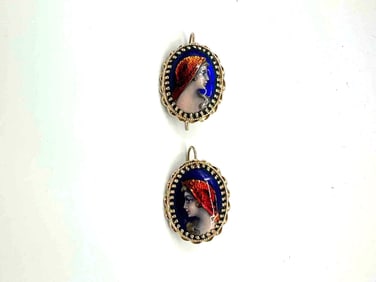 14kt Vintage Hand-Painted Portrait Earrings with Cobalt Blue Enamel