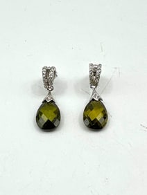 Faceted Green Teardrop Earrings with Pavé Set Accents in Sterling Silver
