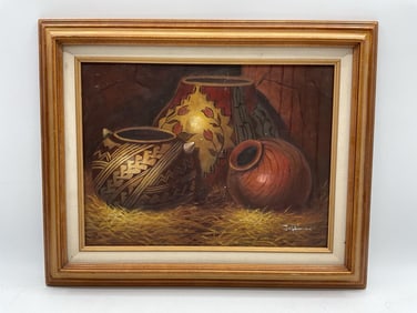 Still Life with Clay and Woven Vessels by Jeffarey Oil on canvas