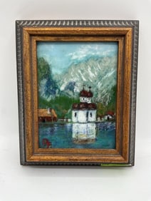 Lakefront Chapel with Alpine Backdrop Oil on board