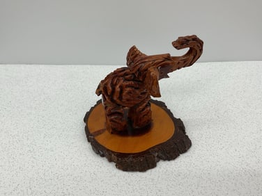 Rustic Hand-Carved Wooden Elephant on Natural Base - Box 3