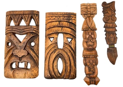 Hand-Carved Tribal and Tiki-Style Wooden Masks and Panels - Box 4