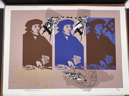 "Isaac Newton" by Yigal Tumarkin (Israel, 1933-2021) Lithograph: Description: Modern Abstract figural art lithograph. A study with three contiguous images of the same man, modeled as an artist or scientist of the Renaissance, with additional images that invoke palm
