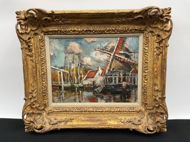 "Canal A Dixmude" by Ferdinand Jean Luigini (France, 1870 - 1943) Oil on Board