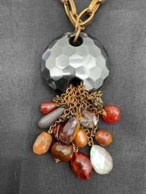 Handmade Jasper Amber and Gemstone Necklace with Hematite Medallion