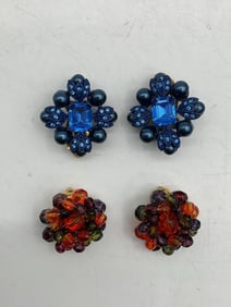 Vintage Glass Floral Clip-On Earrings, Multicolor Cluster Design