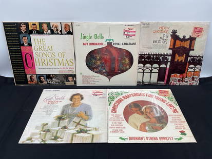 Lot of 5 Vintage Sealed Christmas Vinyl Records: Collection of five sealed holiday LPs featuring classic Christmas performances:  The Great Songs of Christmas – Album Two (Columbia Special Products, for Goodyear) – Features top artists like Leon