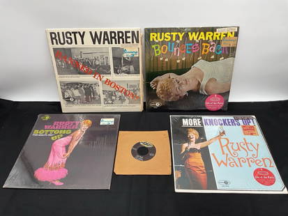 Rusty Warren Comedy LP and 45 RPM Record Lot – “Knockers Up?? and More: Collection of vintage comedy vinyl featuring Rusty Warren, a groundbreaking female comedian known for her bold and risqué routines. Lot includes:  45 RPM EP (Jubilee JG EP 2039) – Knockers Up / Bas