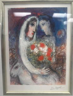 Marc Chagall "Wedding Couple with Bouquet": Description: Vibrant image of a bride and groom in a dreamlike embrace, surrounded by Chagall’s signature surreal imagery including a donkey and floating figures. The composition is centered around