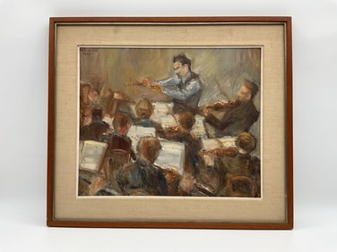Orkesterin harjoitus (Orchestra Rehearsal) by Mary von Mingin (Finnish) Oil on Board