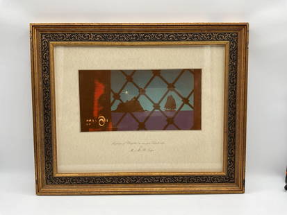 A Glimpse of "Deryabar" as seen from Sinbads Cabin lithograph: Description: A stylized lithograph showing a nighttime seascape through a latticed window, with a central star over a silhouetted island and deep blue-purple waters. On the left, warm abstract reflect