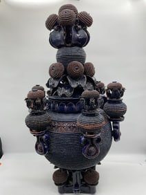 RARE Mexican Blue Glazed Pottery Punch Bowl Set