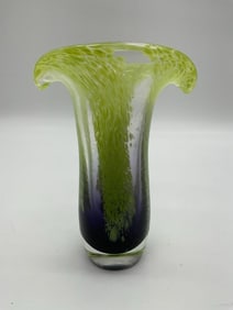 Hand-Blown Art Glass Vase with Green and Black Feathery Pattern
