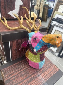 Handmade Patchwork Deer Head Wall Mount with Wooden Antlers