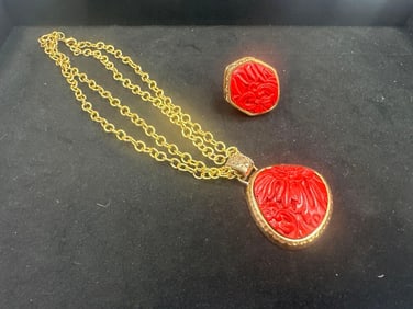 Barse Design Faux Gold Cinnabar Pendant and Ring Set