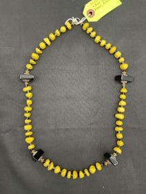 Yellow Agate and Black Sea Glass Necklace with Citrine and Brass