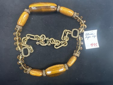Citrine and Tiger's Eye Beaded Necklace with Bronze Hardware