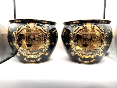 RARE Limoges Pair of Large Black Lacquer Porcelain Fish Bowl Planters with Gilded Figural Scenes