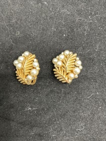 Vintage Leaf and Pearl Clip-On Earrings