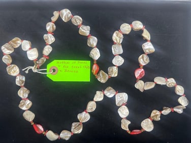 Mother of Pearl and Red Coral Chip Necklace with Bronze Accents