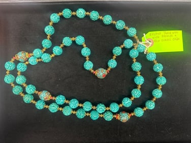 Etched Turquoise Necklace with Bronze and Red Coral Chips