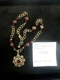 Barse Bronze Necklace with Crystal Beads and Floral Pendant