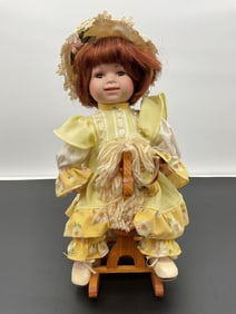Porcelain Doll on Wooden Rocking Horse