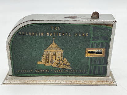 Franklin National Bank Mechanical Coin Bank: Description: Vintage metal coin bank with a green and silver finish, marked "The Franklin National Bank" on one side and "Pledged to Community Growth" on the other. Features a mechanic