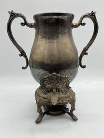 Small Ornate Silver-Plated Urn with Twin Handles and Footed Base