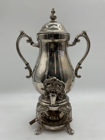 Polished Silver-Plated Coffee Urn with Ornate Handles and Burner Base