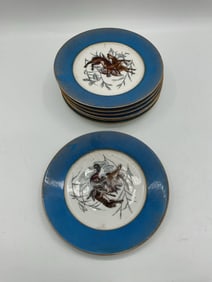 Set of 6 Vintage Blue and Gold Rimmed Bird Plates