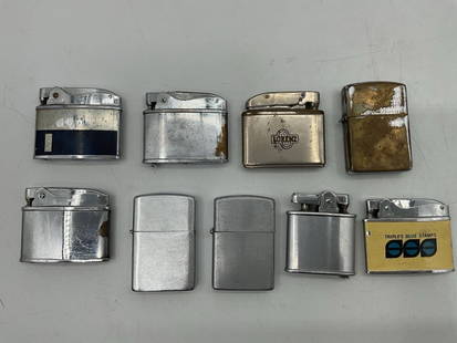 Collection of 8 Vintage WW2 Era Lighters Including Zippo and Others: Description: Assorted lot of eight vintage metal pocket lighters, including several Zippo-style designs. Mixed finishes with various signs of wear and patina. Some pieces feature logos or advertising.