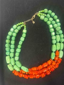 Barse Green Turquoise and Orange Coral Beaded Necklace