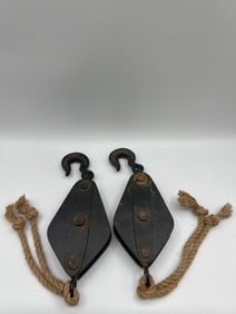 Vintage Industrial Pulley Block with Rope