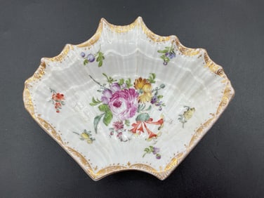 Hand-Painted Floral Porcelain Leaf Dish with Gilt Trim