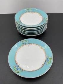 Set of 8 Vintage Porcelain Plates with Blue Floral Border