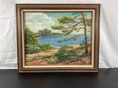 Lakeside Serenity by Marianna Dunmire (American) Oil on canvas: This tranquil landscape painting by Florida artist Marianna Dunmire depicts a peaceful lakeside scene with a gently curving shoreline, a vibrant mix of greenery, and a prominent pine tree in the foreg